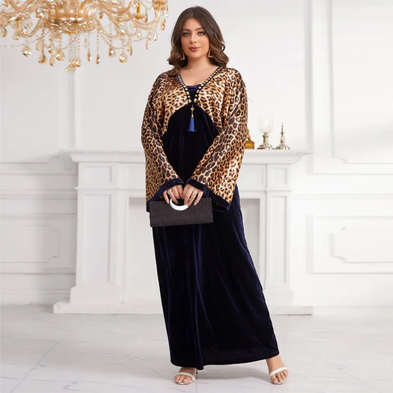 African Dresses For Women Beaded Leopard Print Maxi Dress Robe Fashion V-neck Big Size Muslim Abaya Long Dress 2024 New Arrival