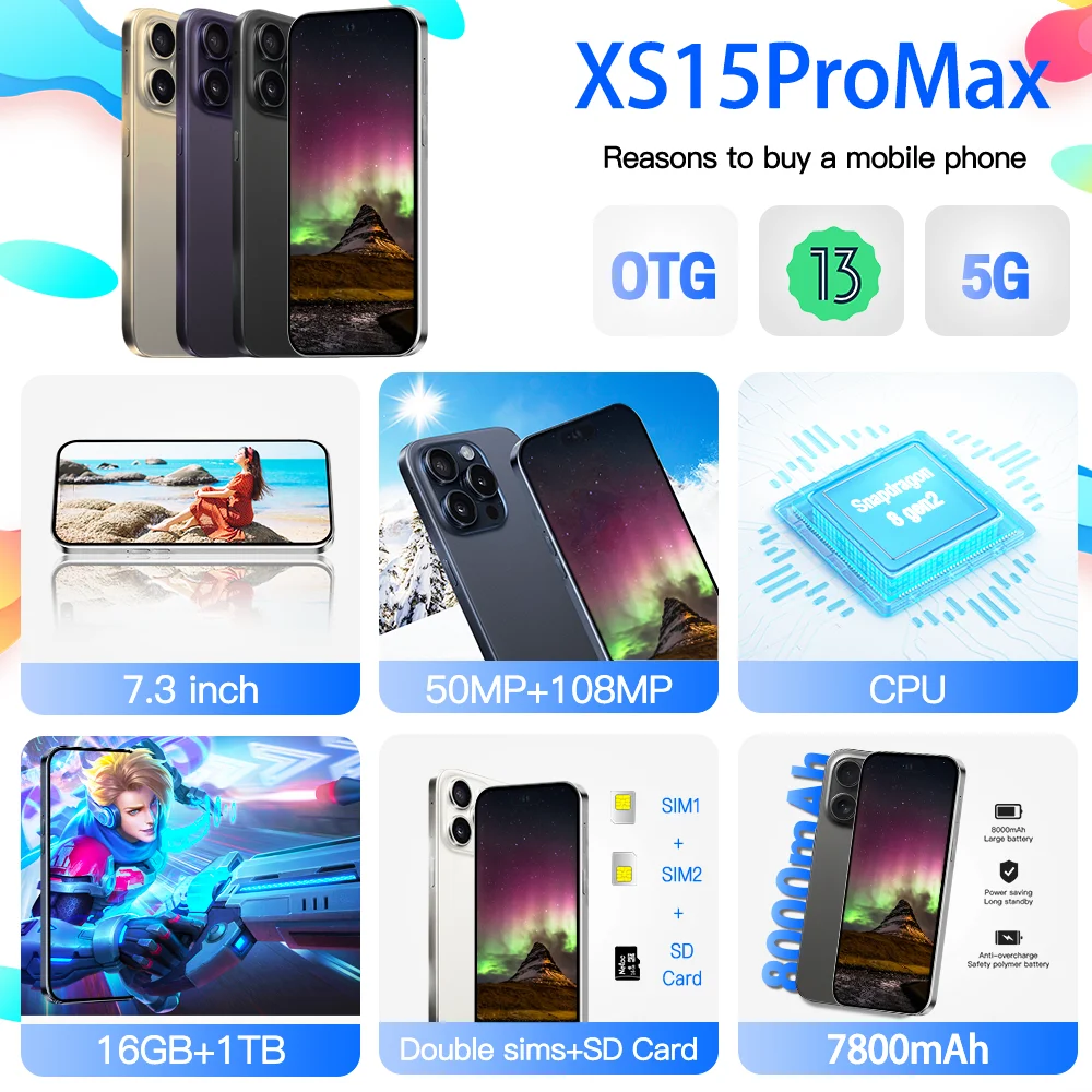 Sb029d60035e14dfb9015c22312ff95356 - Original For Brand Smartphone 7.3 inch New XS15 ProMax Full Screen 4G 5G Cell Phone 7800mAh Mobile Phones Global Version