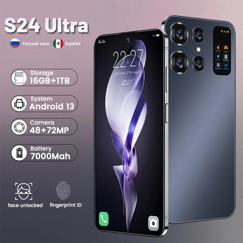 SmartPhone Android S24 Ultra 16GB+1TB with case Unlocked Mobile Phones 5G Dual Sim Card CellPhone 7.0 HD Global Version Celulare