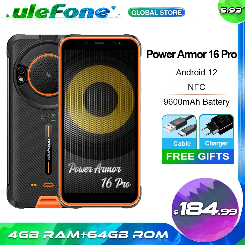 Ulefone Power Armor 16 Pro 4GB 64GB Rugged Waterproof Portable Smartphone 9600mAh Android 12 NFC 2.4G/5G WiFi Global Cellphone