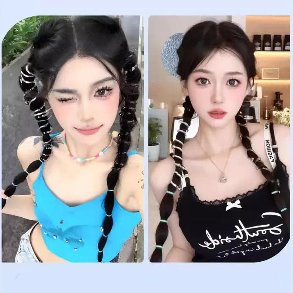 1723706769 756 Synthetic Creative Pearl Telephone Line Braided Twist Wig Fashion Hottie Tied Double Ponytail Women  - Synthetic Creative Pearl Telephone Line Braided Twist Wig Fashion Hottie Tied Double Ponytail Women Extension