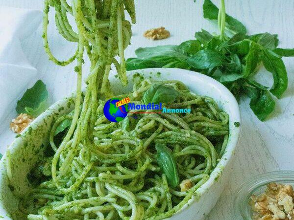 Rice Spaghetti with Green Vegan Basil Pesto