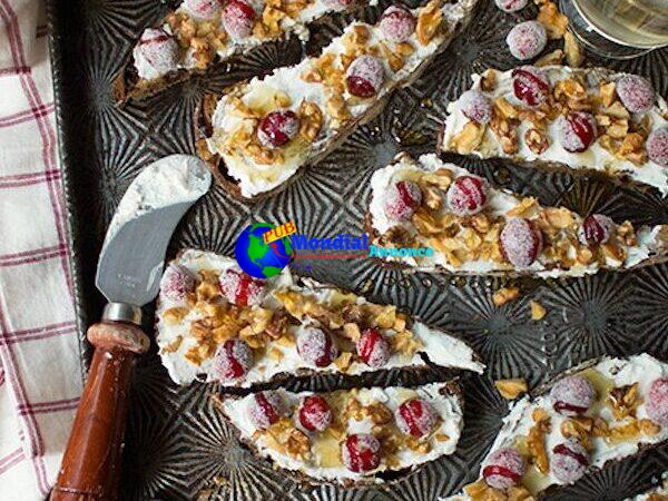 Sugared Cranberry and Walnut Goat Cheese Crostini