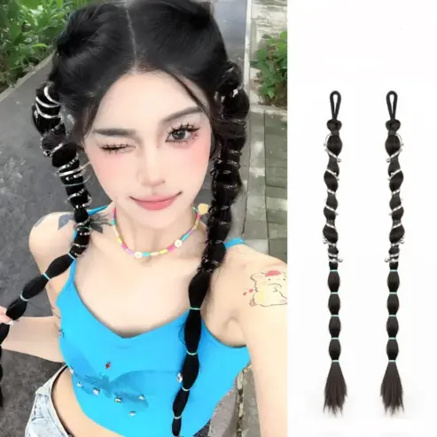 Synthetic Creative Pearl Telephone Line Braided Twist Wig Fashion Hottie Tied Double Ponytail Women Extension