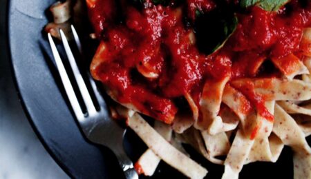 Unusual Almond Fettuccine with Tomato-Basil Sauce