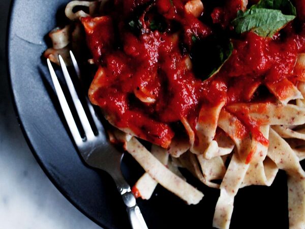 Unusual Almond Fettuccine with Tomato-Basil Sauce