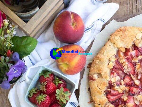 Summer season Picnic: Strawberry, Peach, and Almond Galette with Almond Whipped Cream and Beaujolais Wine