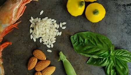 Miniature and Sugar Snap Pea Risotto with an Almond-Basil Pesto