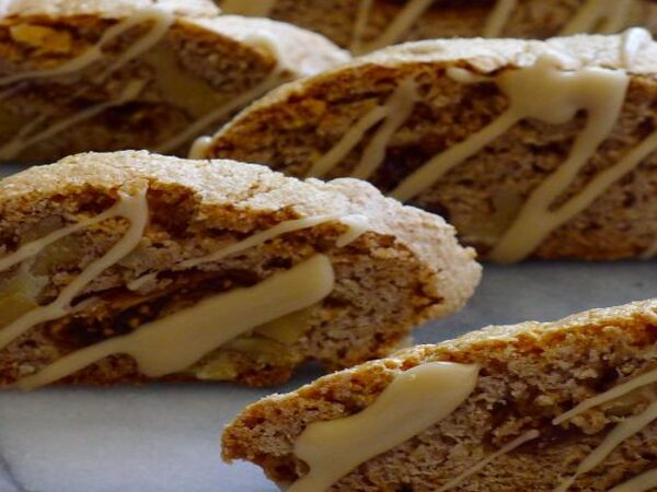 Gluten-Free Fig-Walnut Biscotti with Maple Icing Drizzle