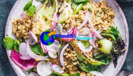 Barley Salad with Sugar Snap Peas, Tiny one Bok Choy & Green Romesco Dressing