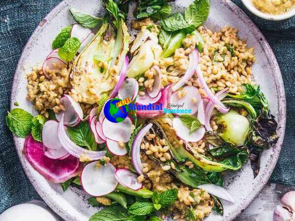 Barley Salad with Sugar Snap Peas, Tiny one Bok Choy & Green Romesco Dressing