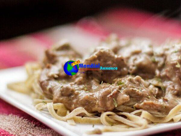 Pork Stroganoff with (hidden) Mushrooms over Wild Rice Noodles