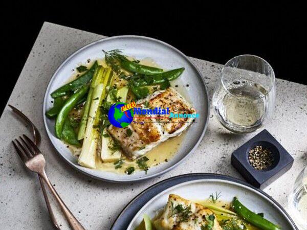 Cod with Lemony Leeks, Snap Peas, and Herbs