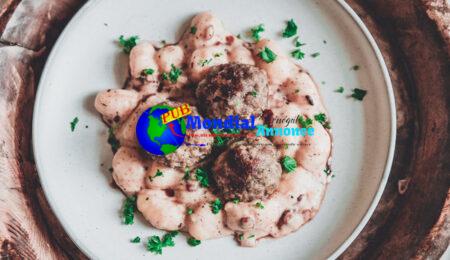 Baked Pesto Pork Meatballs with Creamy Gnocchi