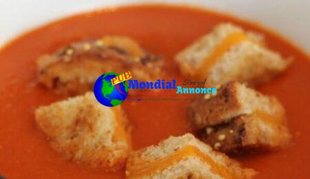 Creamy Tomato Soup with Low-Corpulent Grilled Cheese Croutons