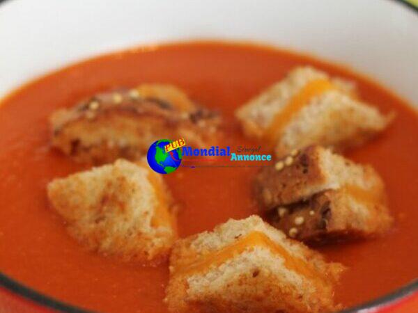 Creamy Tomato Soup with Low-Corpulent Grilled Cheese Croutons