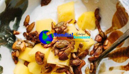 Greek Yogurt with Spiced Pepita and Cashew Crunch and Mango