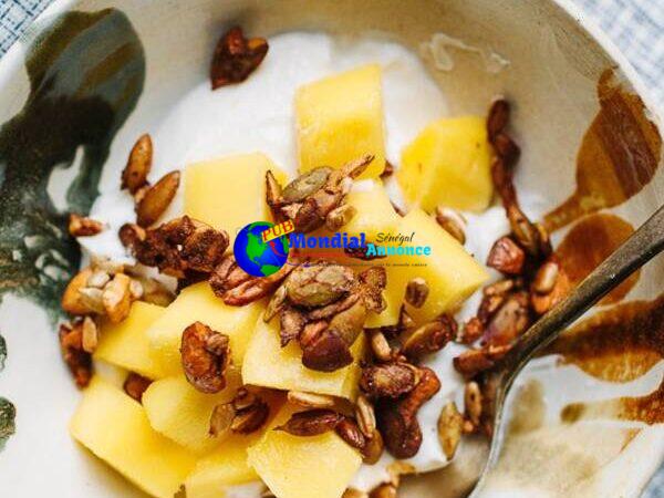 Greek Yogurt with Spiced Pepita and Cashew Crunch and Mango