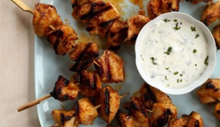 Red Curry Chicken Kebabs with Minty Yogurt Sauce