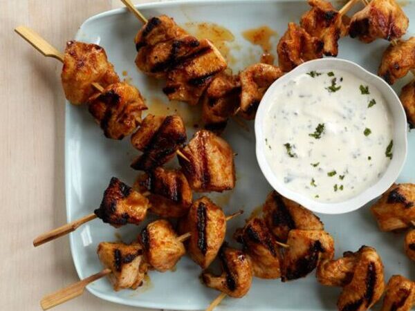 Red Curry Chicken Kebabs with Minty Yogurt Sauce