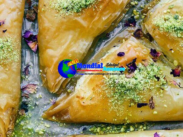 Warbat (Filo Triangles With Cream Cheese, Pistachio, and Rose)