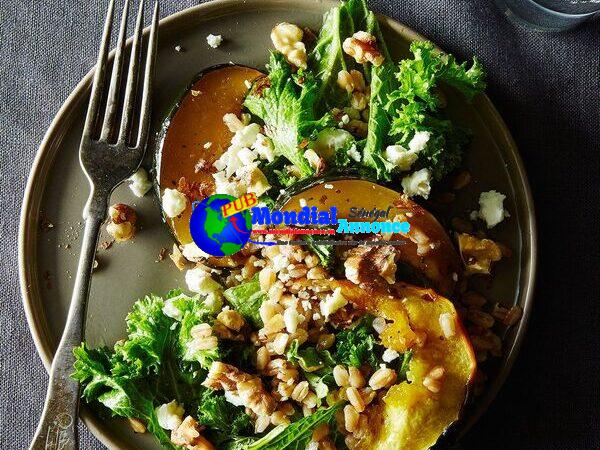 Warm Farro and Mustard Inexperienced Salad with Maple-Roasted Acorn Squash