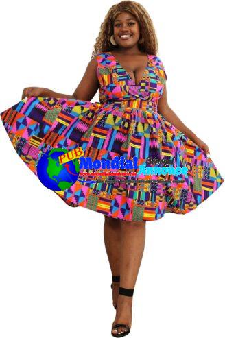 Robe Imprimé africain pour femme Ankara Vintage Sexy Robes avec ceinture