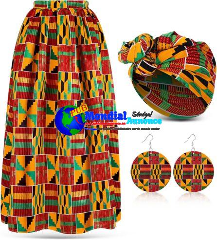 Haysandy Ensemble de 3 jupes maxi à imprimé africain pour femmes avec poches, foulard extensible décontracté, boucles d’oreilles pendantes