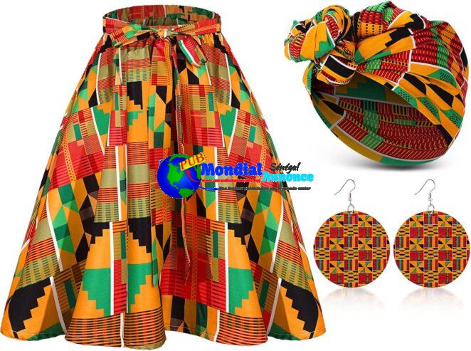 Coume 3 pièces Dashiki jupe, Costume traditionnel africain bohème, foulard, boucle d’oreille pour femmes